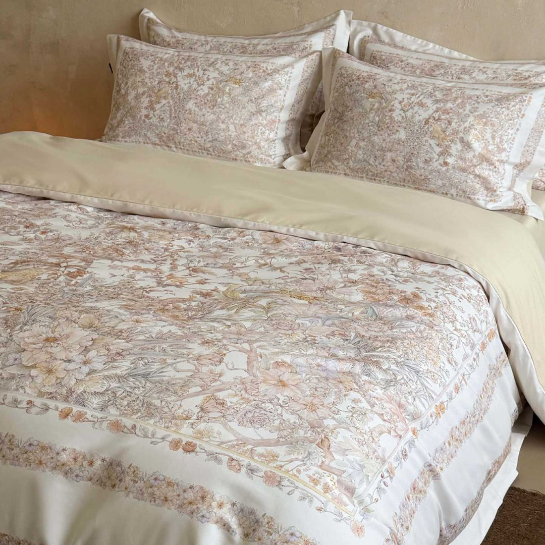 Luxury Cotton Sateen Floral Duvet Cover Set with Framed Border Pillow Shams