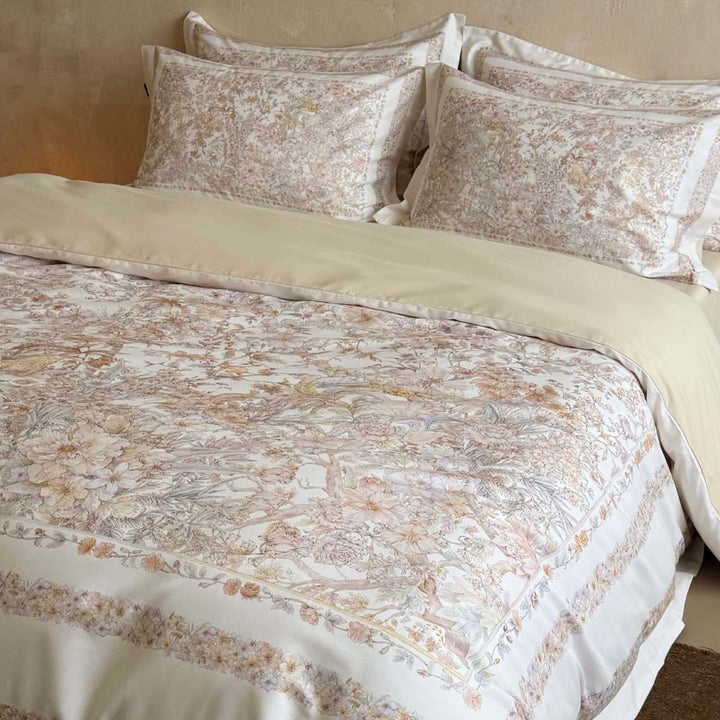 Luxury Cotton Sateen Floral Duvet Cover Set with Framed Border Pillow Shams