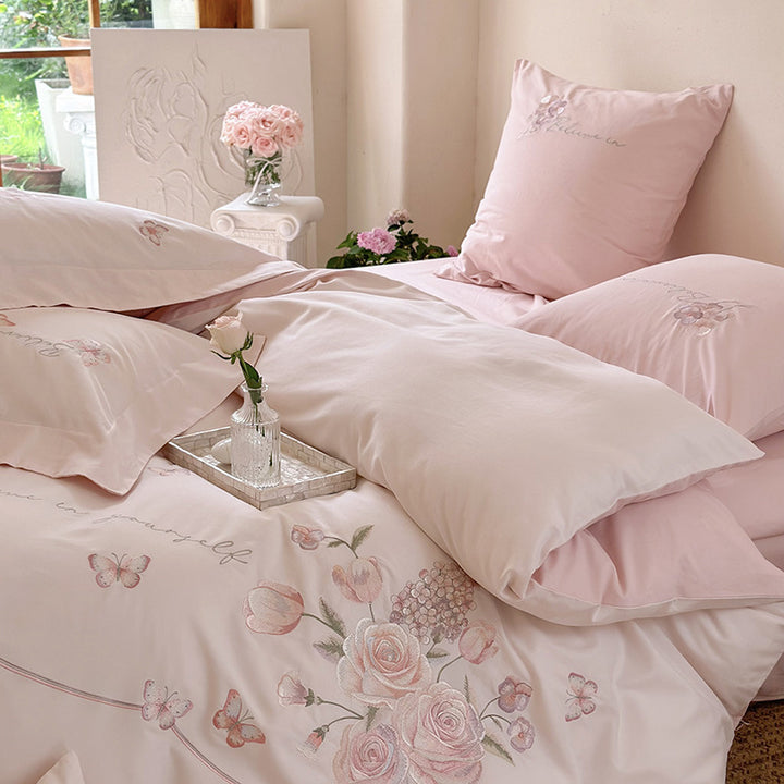 Embroidered Floral Satin Duvet Cover Set with Decorative Bow and Matching Pillow Shams