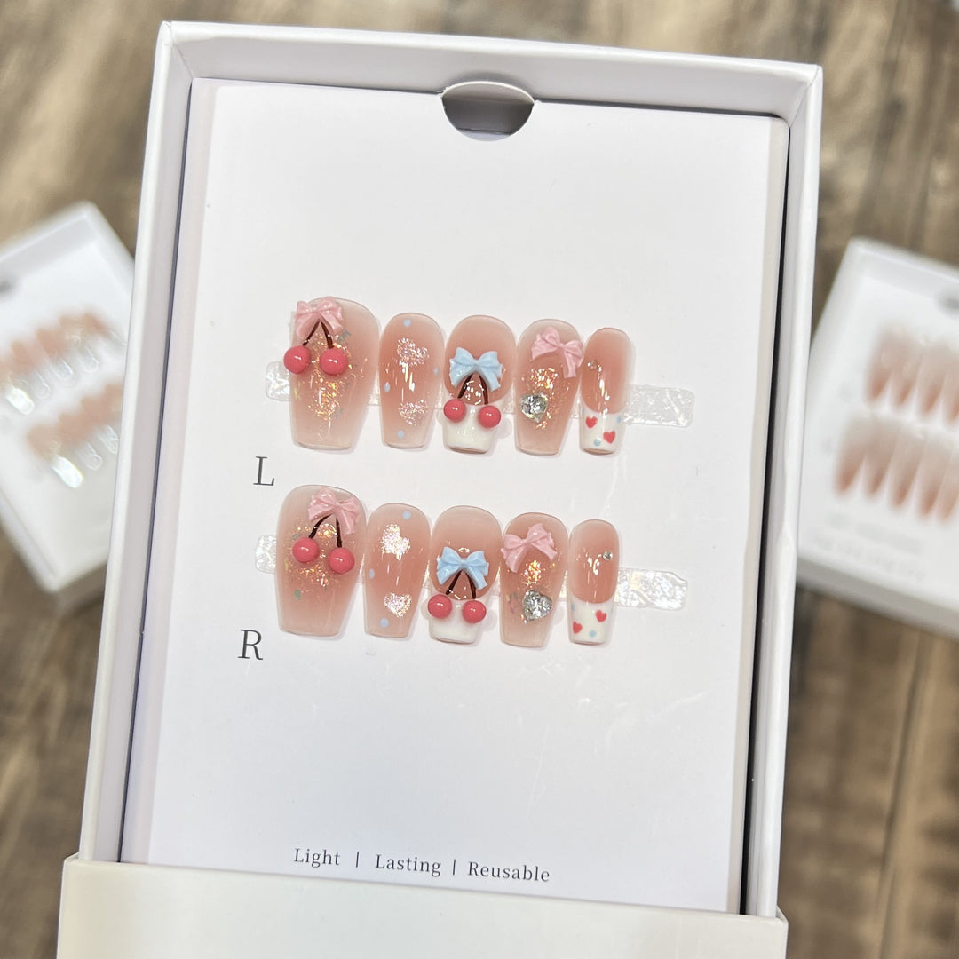 Playful Cherry-Themed Press-On Nail Art Set Stornfield