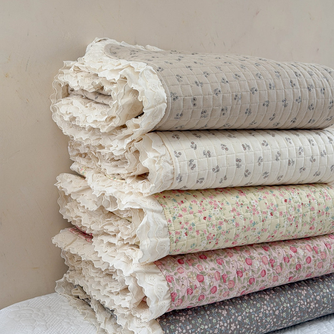 Quilted Floral Ruffled Bedding Set with Eyelet Lace Trim
