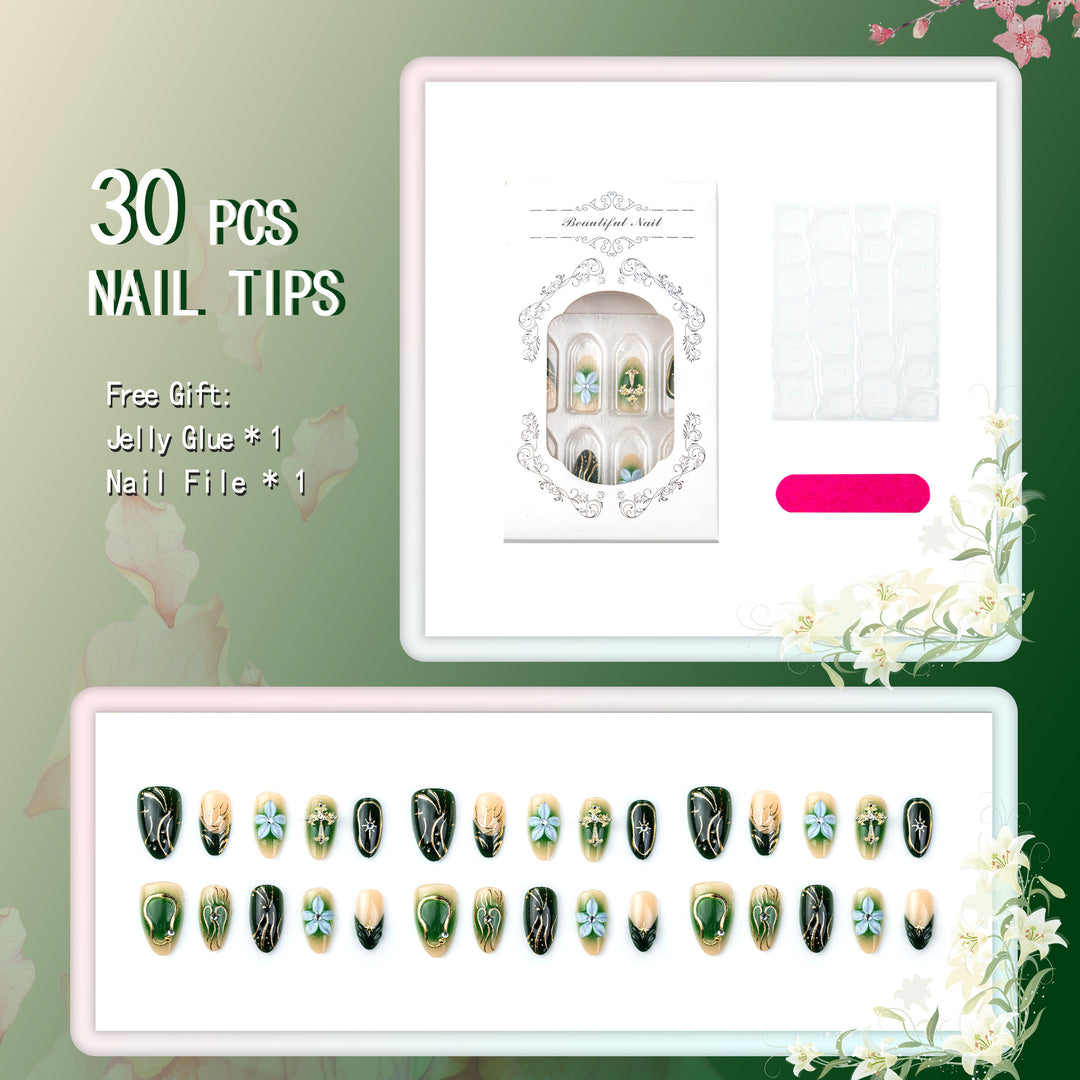 Artistic Press-On Nail Art Set with Floral and Metallic Designs