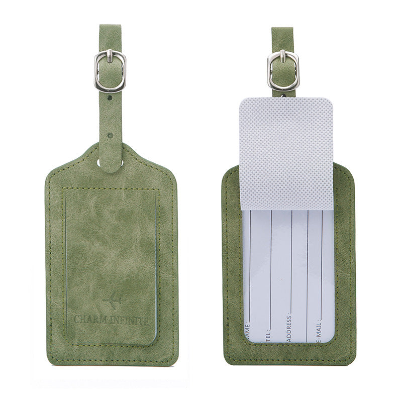 vintage leather luggage tag with transparent ID window and adjustable buckle strap Stornfield