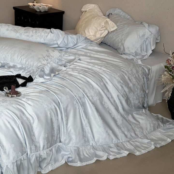 Ruffled Satin-Jacquard Duvet Cover Set with Scalloped Lace-Trim Pillow Shams