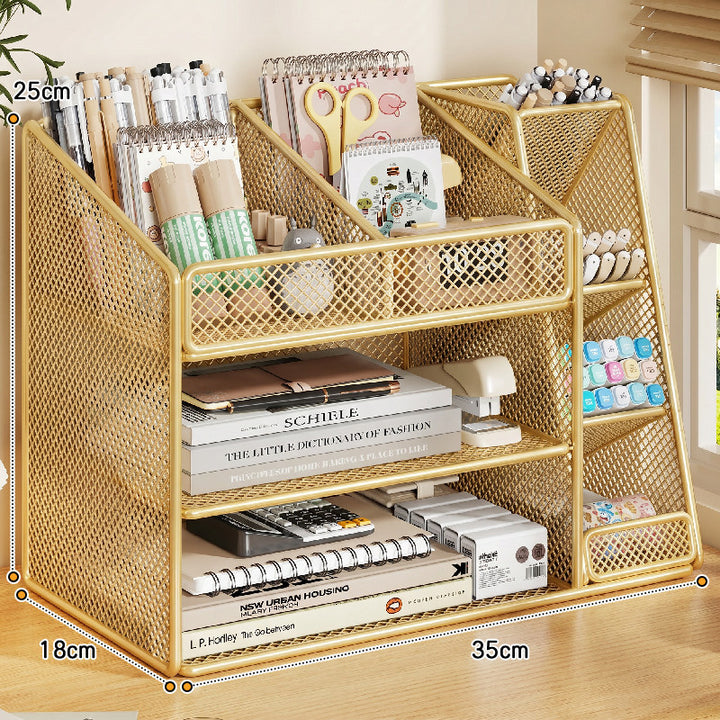 Slanted Mesh Desktop Multi-Compartment Stationery and Document Organizer