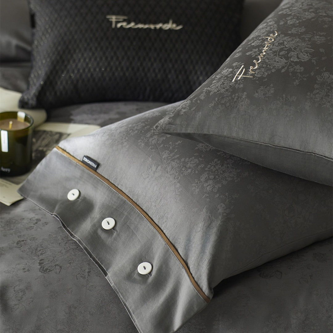 Satin-Jacquard Floral Duvet Cover Set with Button Closure & Gold Piping
