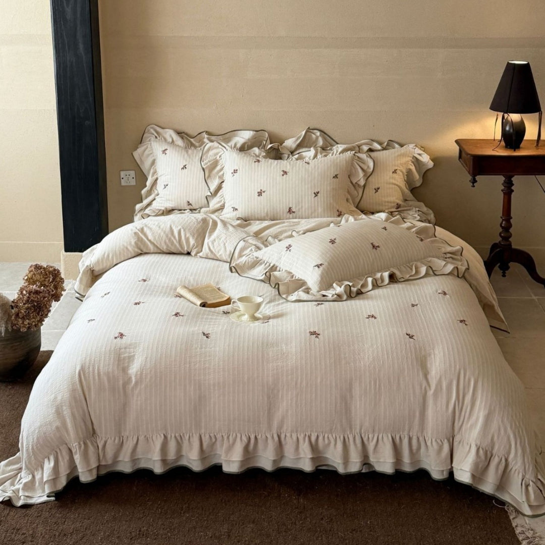Ruffled Cotton Embroidered Duvet Cover Set with Pillow Shams