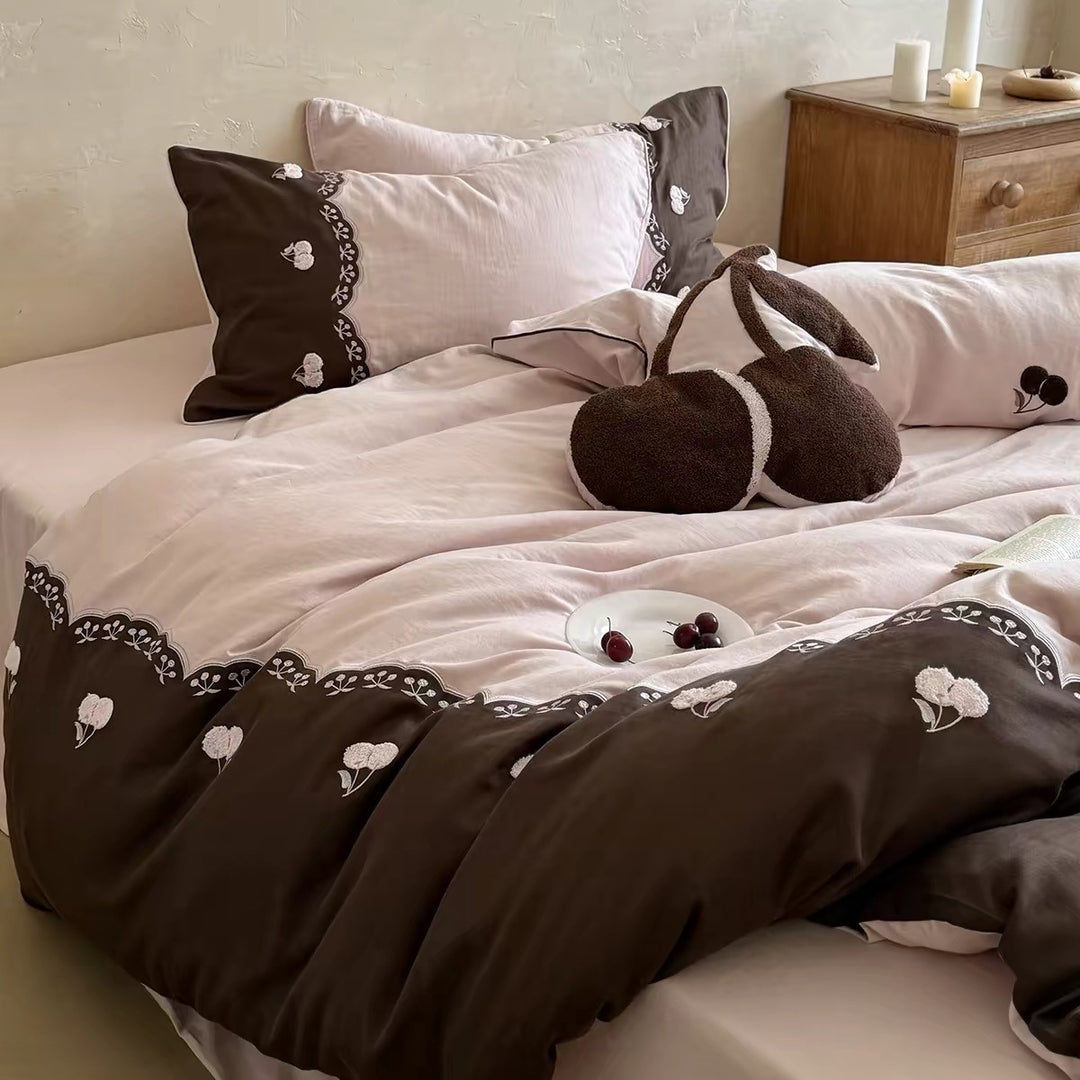 Embroidered Cherry Cotton Duvet Cover Set with Reversible Quilted Comforter and Piped Pillow Shams