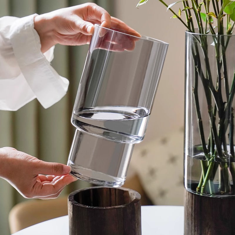 High-quality glass vase with wooden base Stornfield