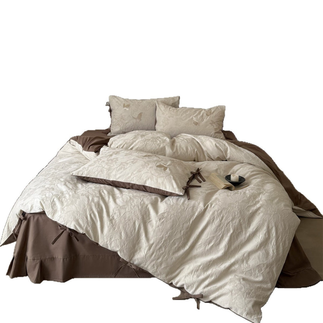 Reversible Textured Cotton-Linen Duvet Cover Set with Embroidered Butterfly Motifs & Corner Tie Closures