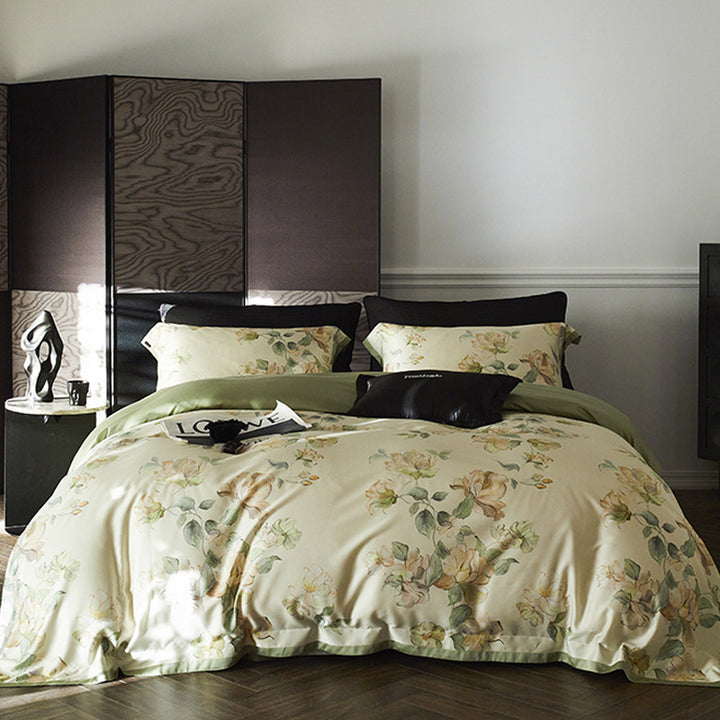 Luxurious cotton satin bedding set with fine botanical branch pattern and silky-soft touch