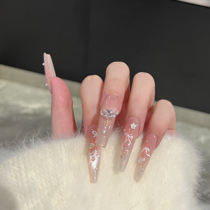 Elegant Press-On Nail Art Set with Chic Ribbon and Gem Accents Stornfield