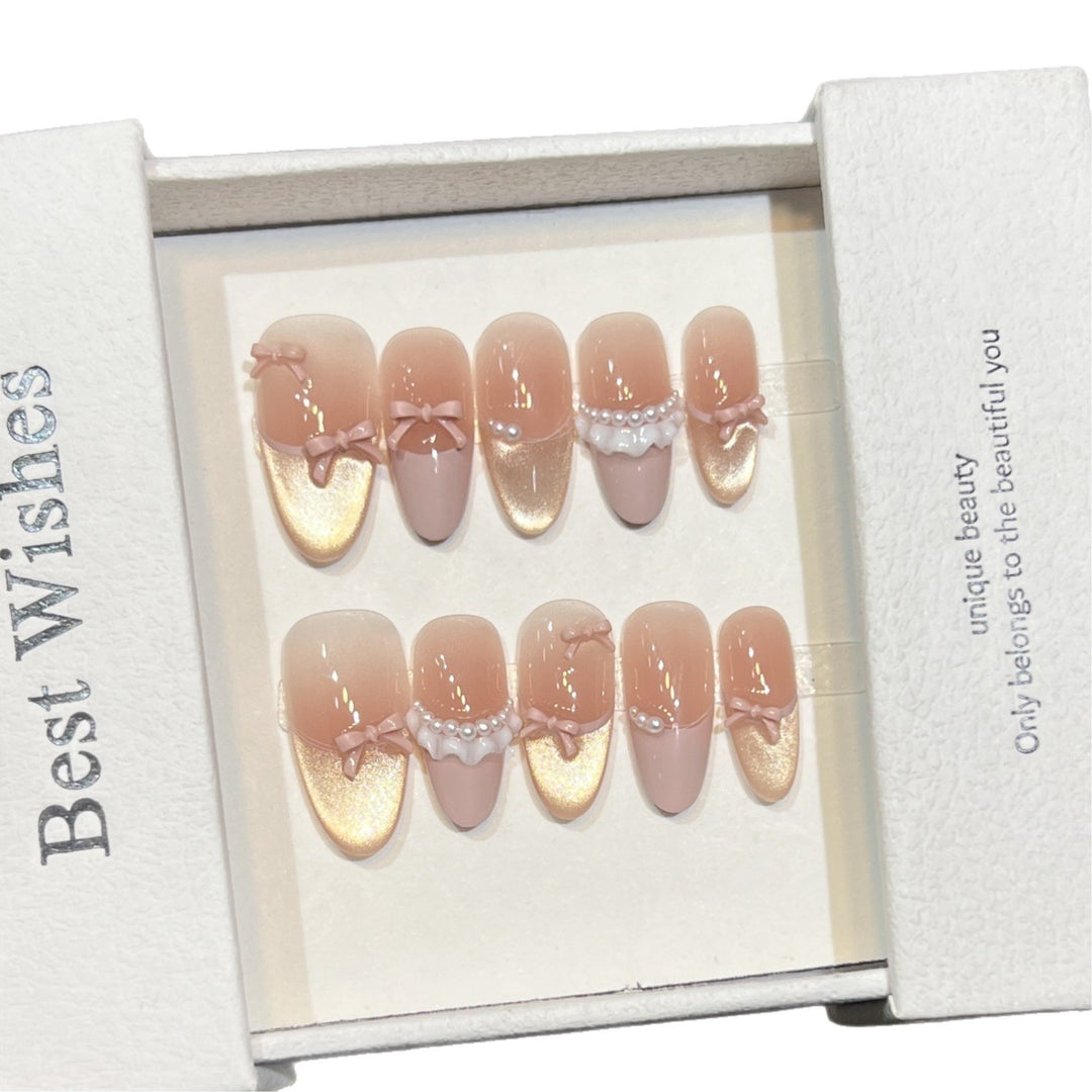 Elegant Press-On Nail Art Set with Pearl and Bow Accents Stornfield
