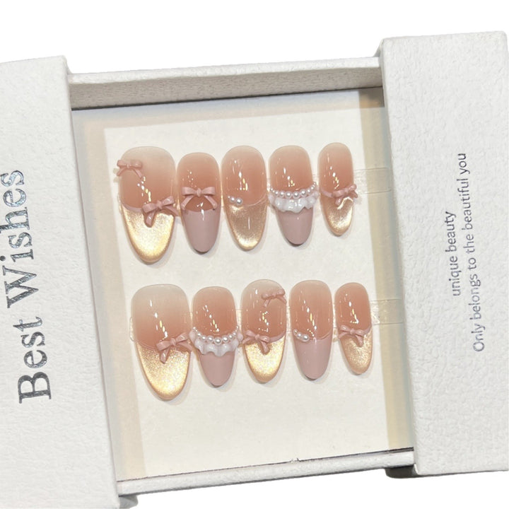 Elegant Press-On Nail Art Set with Pearl and Bow Accents Stornfield