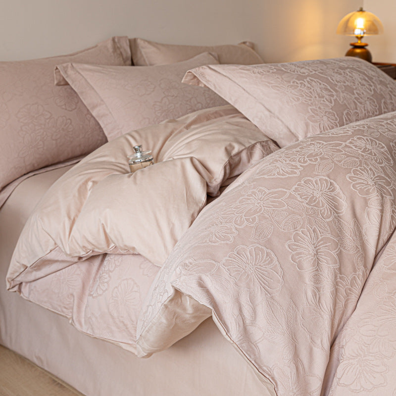 Floral Jacquard Cotton Duvet Cover Set with Pillowcases and Hidden Zipper