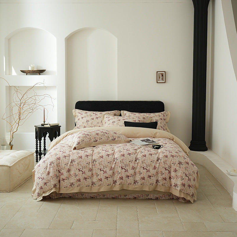 Botanical-Print Washed Cotton Duvet Cover Set with Contrast Hem and Oxford Border Pillowcases