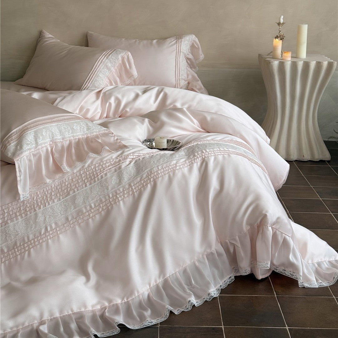 Luxury Satin Ruffled Lace-Trim Duvet Cover Set