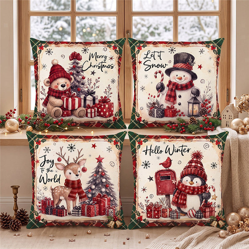 Festive Holiday Reindeer Decorative Square Pillow Cover with Plaid Border and Concealed Zipper