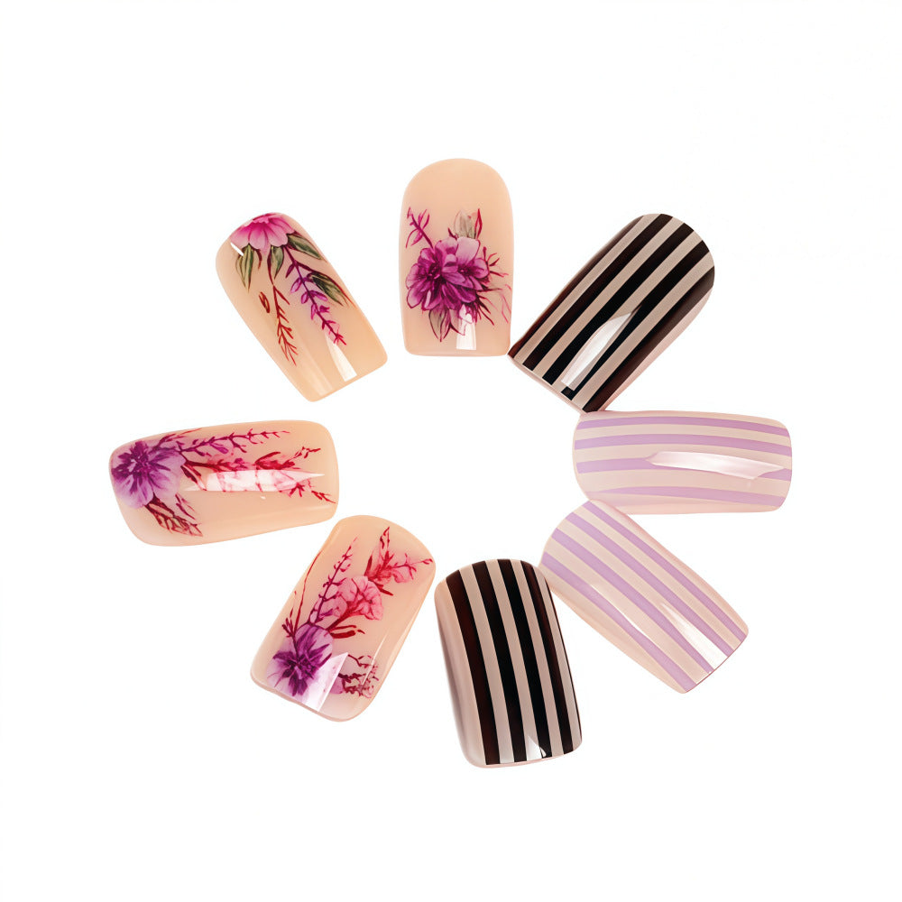 Artificial nails with floral and striped designs Stornfield
