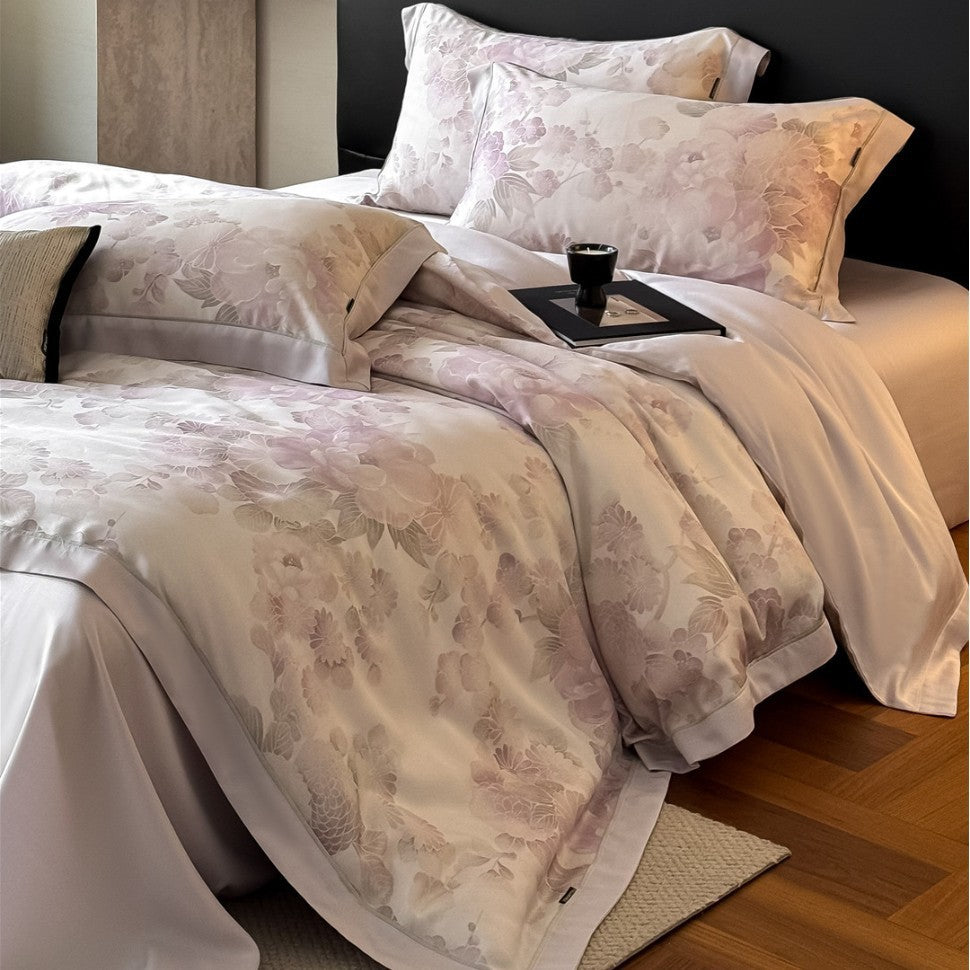 Pastel Watercolor Floral Sateen-Back Duvet Cover Set with Piped Hem