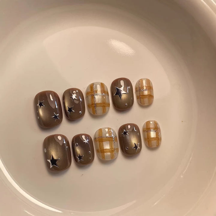 Decorative Press-On Nail Art Set with Star and Plaid Designs