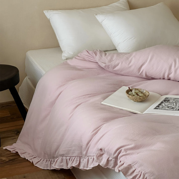 Washed Soft-Touch Ruffled-Hem Cotton-Linen Blend Duvet Cover Set with Hidden Corner Ties