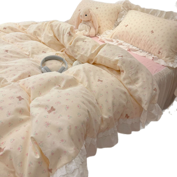 Pastel Patchwork Ruffled Cotton Duvet Cover Set with Lace-Trim Pillow Shams