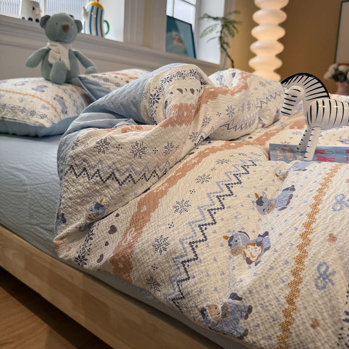 Quilted Cotton Duvet Cover Set with Nordic Reindeer Patchwork