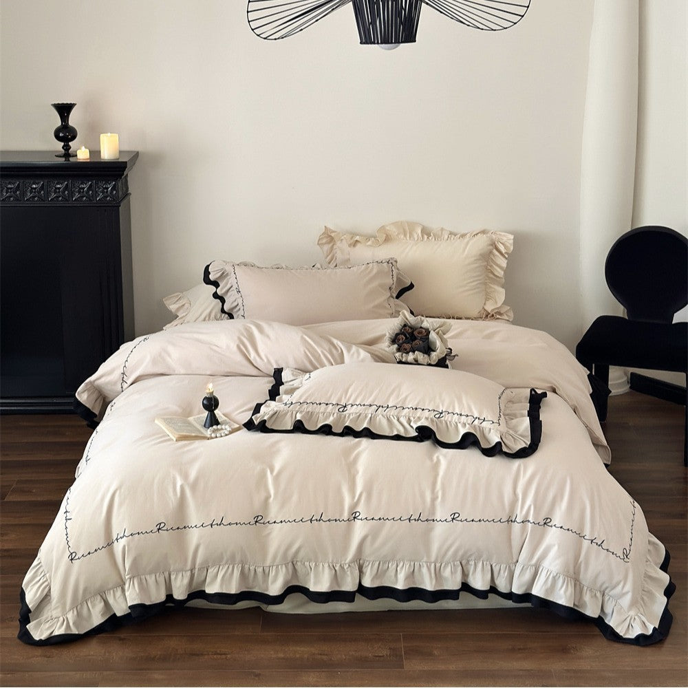 Ruffled Embroidered Duvet Cover Bedding Set