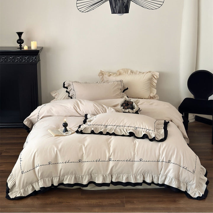 Ruffled Embroidered Duvet Cover Bedding Set