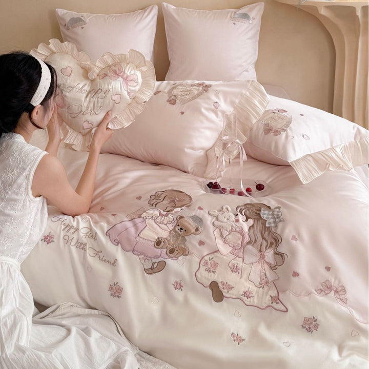 Luxurious embroidered cotton satin bed linen set with ruffles and fairy tale motif Stornfield