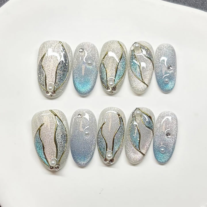 Elegant Decorative Press-On Nail Art Set with Pearl and Leaf Accents Stornfield