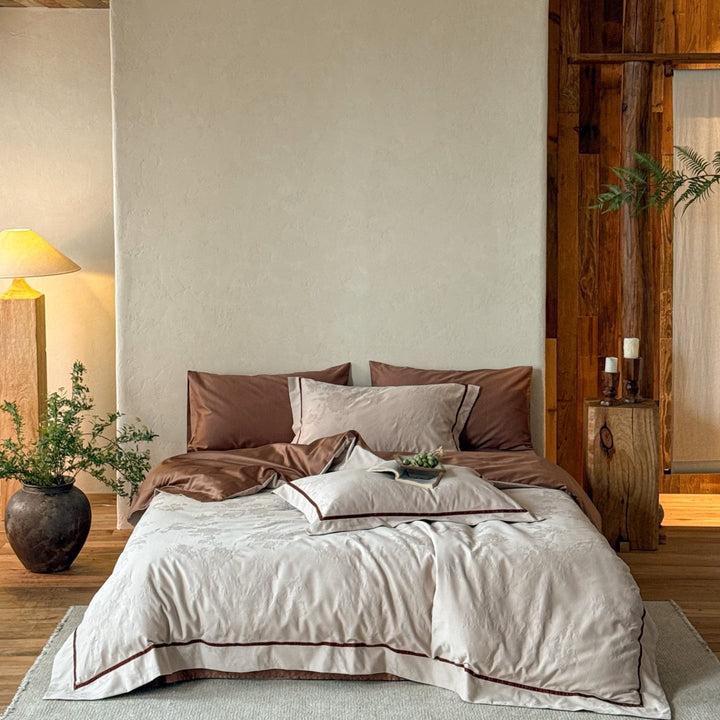 Premium bedding set made of breathable cotton blend with contrasting piping