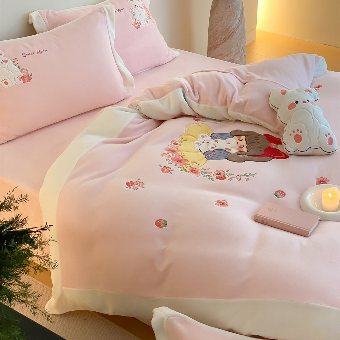 Cartoon Embroidered Duvet Cover Set with Plush Appliqué & Pillow Shams