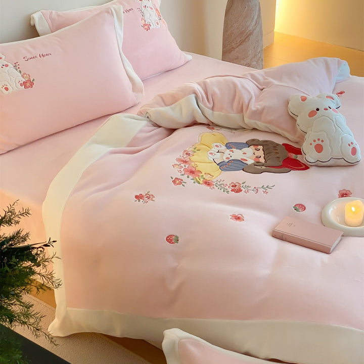 Cartoon Embroidered Duvet Cover Set with Plush Appliqué & Pillow Shams
