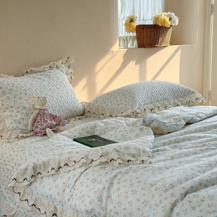 Quilted Cotton Duvet Cover Set with Ruffled Lace-Trim Pillow Shams