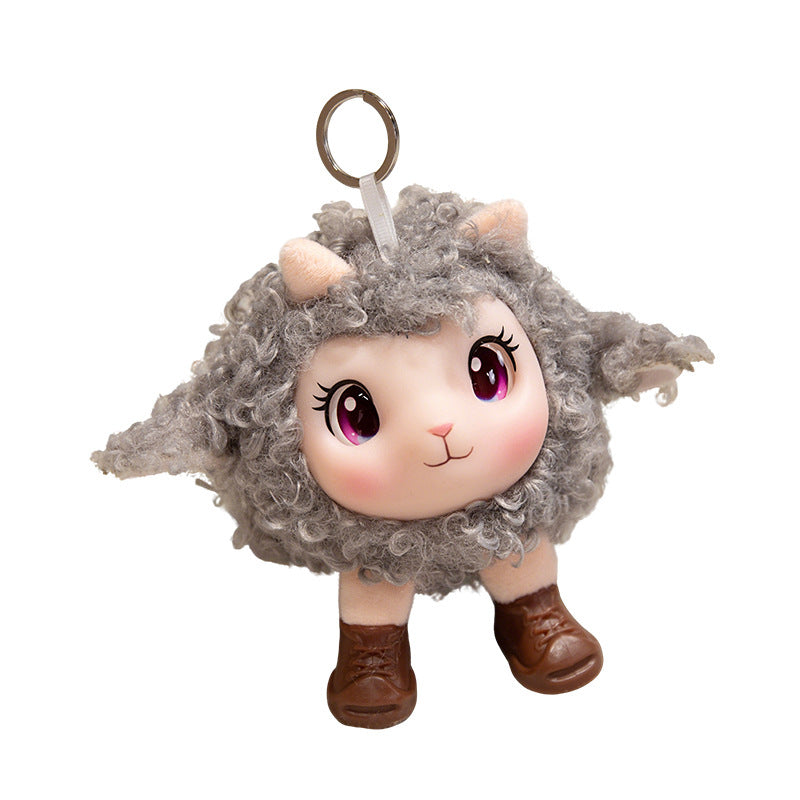 Plush Ram Keychain Charm with Curly Faux-Fur, Sculpted Face, Bell Necklace and Metal Ring Stornfield