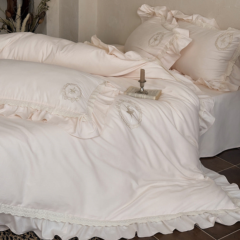Luxury Ruffled Embroidered Cotton Duvet Cover Set