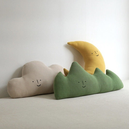 Crescent Moon Plush Decorative Cushion with Embroidered Face