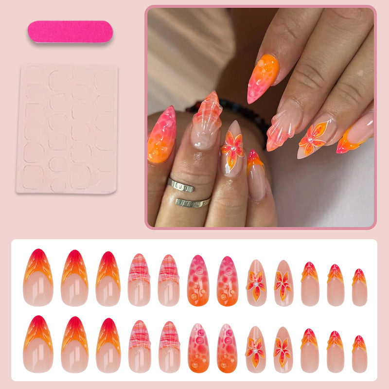 Acrylic Nail Set with Elegant Flower and Gradient Designs Stornfield