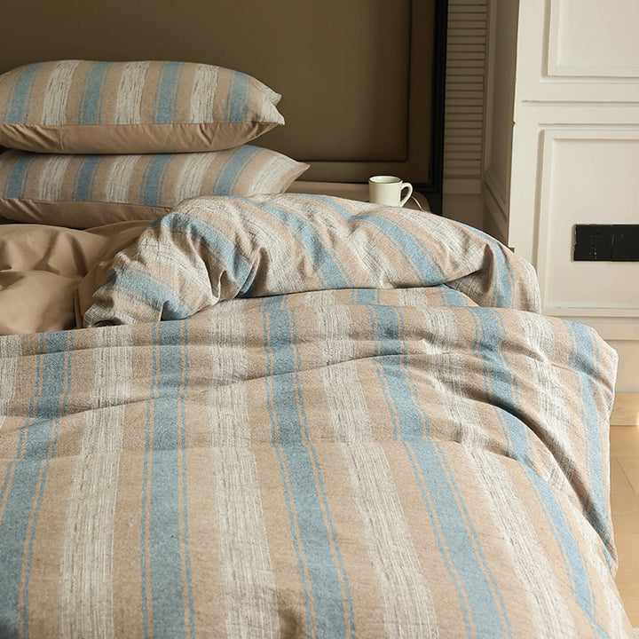 Striped Textured Cotton-Linen Reversible Duvet Cover Set with Pillow Shams