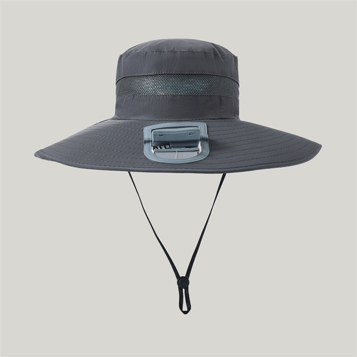 wide-brimmed outdoor sun hat with solar module, quiet mini fan, and adjustable chin strap Stornfield