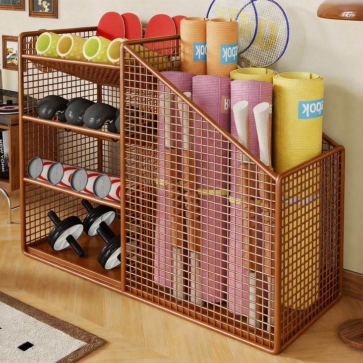 Vertical Mesh Multi‑Compartment Fitness and Yoga Mat Storage Rack