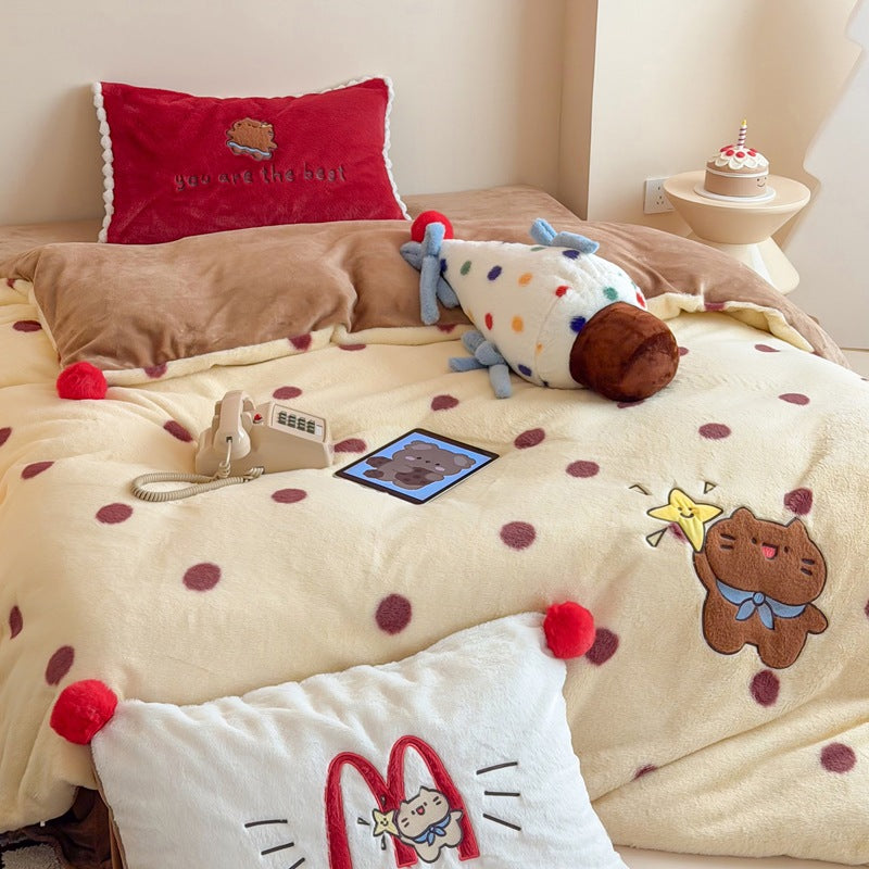 Plush Cartoon Cat Duvet Comforter Set with Polka Dot Fleece & Pom-Pom Decorative Pillows