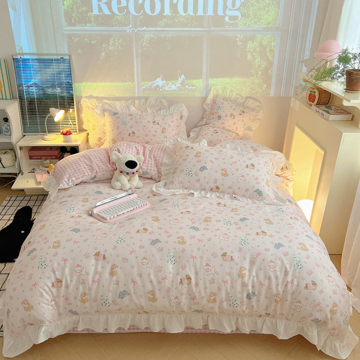 Frilled-Edge Pastel Storybook Print Cotton Duvet Cover and Sham Set