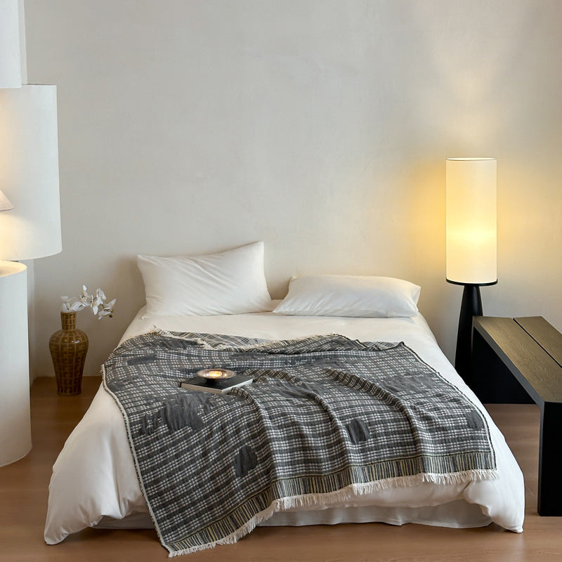 Woven Waffle-Texture Fringed Throw Blanket