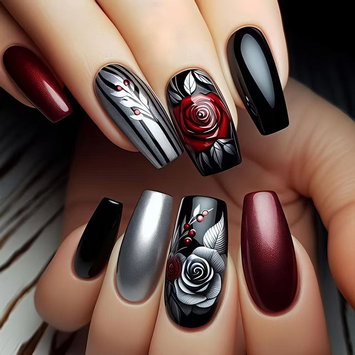 Elegant Artificial Nails with Noble Rose Design Stornfield
