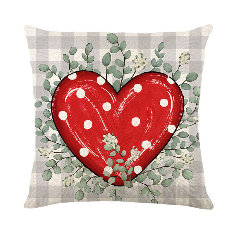 Square Cotton-Linen Decorative Throw Pillow Cover with Polka Dot Heart and Eucalyptus Wreath