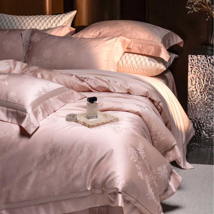 Luxury Jacquard Satin Duvet Cover Set with Botanical Embossed Weave and Oxford Pillow Shams