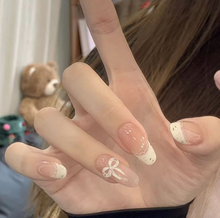 Press-On Nail Art Set with Elegant Bow and French Tip Design Stornfield